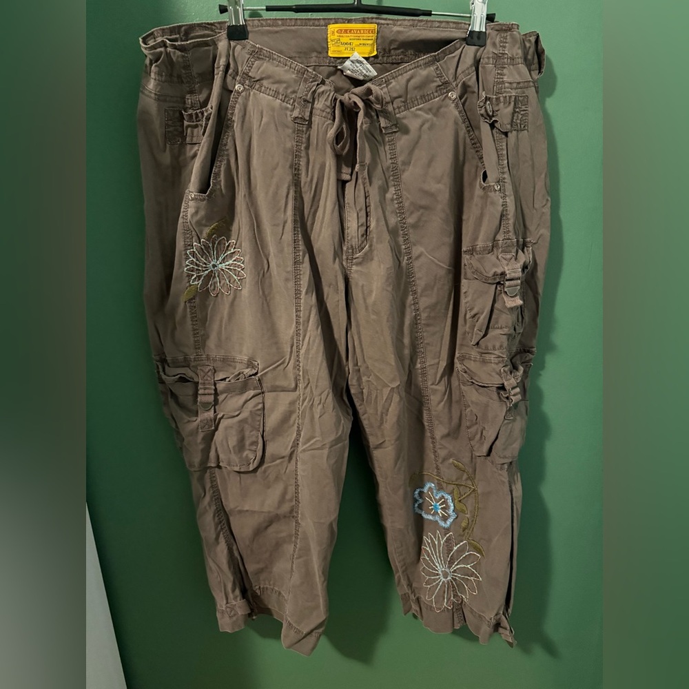 Z. Cavaricci Vintage Army Green Cargo Pants with Embroidery and Beaded Flowers